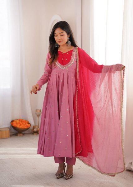 Rich Pink Roman Silk Anarkali Suit with Real Mirror Work and Kota Checks Dupatta Ready To Wear Collection