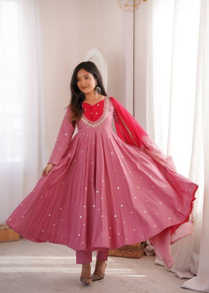 Rich Pink Roman Silk Anarkali Suit with Real Mirror Work and Kota Checks Dupatta Ready To Wear Collection
