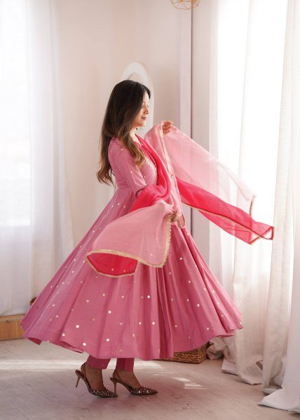 Rich Pink Roman Silk Anarkali Suit with Real Mirror Work and Kota Checks Dupatta Ready To Wear Collection