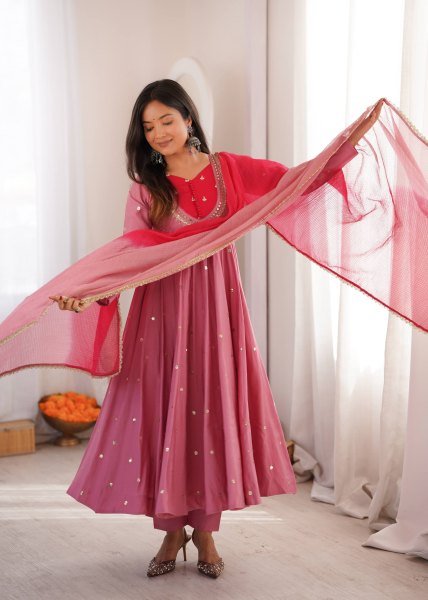 Rich Pink Roman Silk Anarkali Suit with Real Mirror Work and Kota Checks Dupatta Ready To Wear Collection