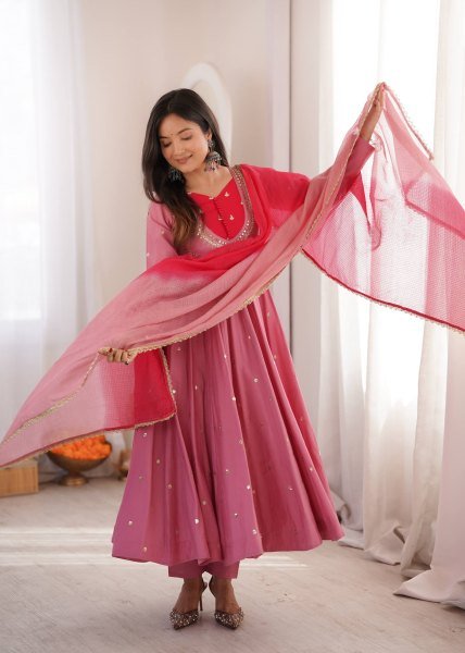 Rich Pink Roman Silk Anarkali Suit with Real Mirror Work and Kota Checks Dupatta Ready To Wear Collection