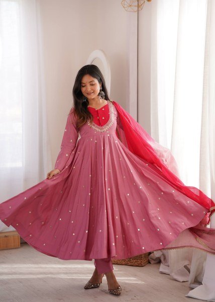 Rich Pink Roman Silk Anarkali Suit with Real Mirror Work and Kota Checks Dupatta Ready To Wear Collection