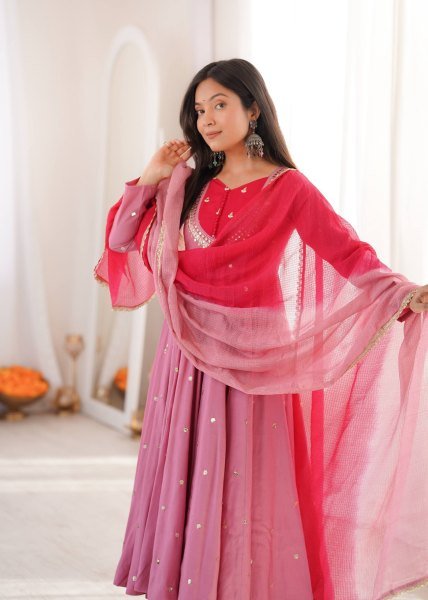 Rich Pink Roman Silk Anarkali Suit with Real Mirror Work and Kota Checks Dupatta Ready To Wear Collection