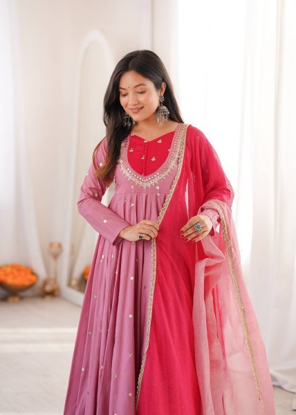 Rich Pink Roman Silk Anarkali Suit with Real Mirror Work and Kota Checks Dupatta Ready To Wear Collection