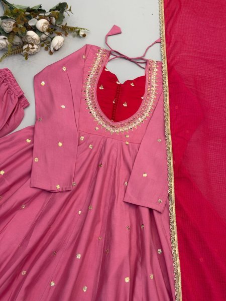 Rich Pink Roman Silk Anarkali Suit with Real Mirror Work and Kota Checks Dupatta Ready To Wear Collection