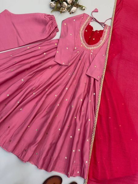Rich Pink Roman Silk Anarkali Suit with Real Mirror Work and Kota Checks Dupatta Ready To Wear Collection