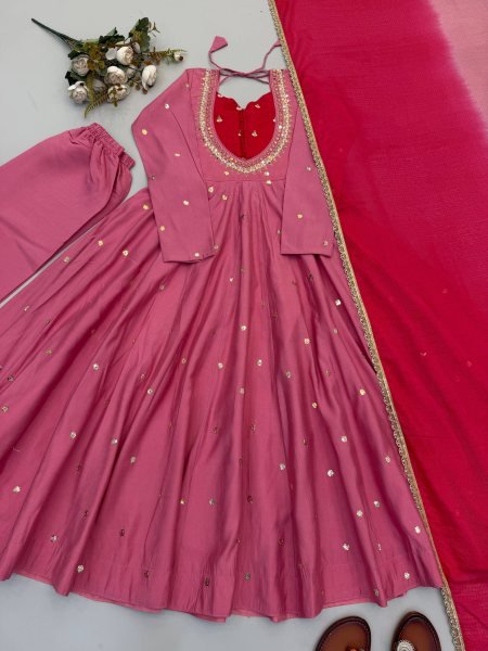 Rich Pink Roman Silk Anarkali Suit with Real Mirror Work and Kota Checks Dupatta Ready To Wear Collection