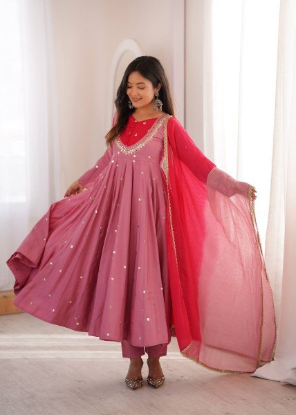 Rich Pink Roman Silk Anarkali Suit with Real Mirror Work and Kota Checks Dupatta Ready To Wear Collection