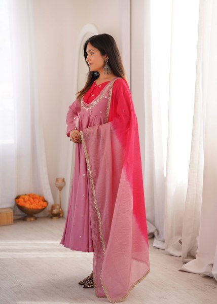 Rich Pink Roman Silk Anarkali Suit with Real Mirror Work and Kota Checks Dupatta Ready To Wear Collection
