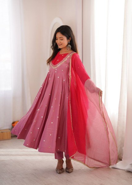 Rich Pink Roman Silk Anarkali Suit with Real Mirror Work and Kota Checks Dupatta Ready To Wear Collection
