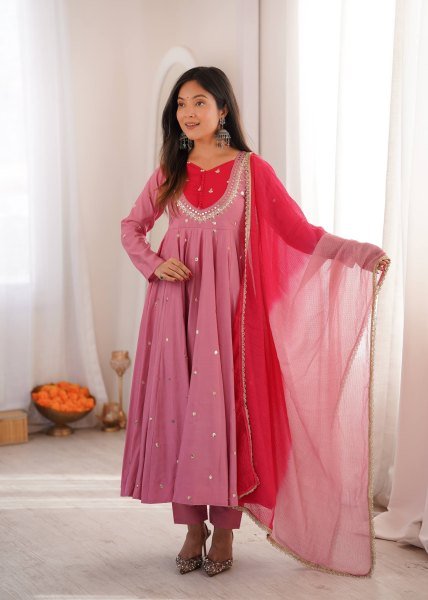 Rich Pink Roman Silk Anarkali Suit with Real Mirror Work and Kota Checks Dupatta Ready To Wear Collection