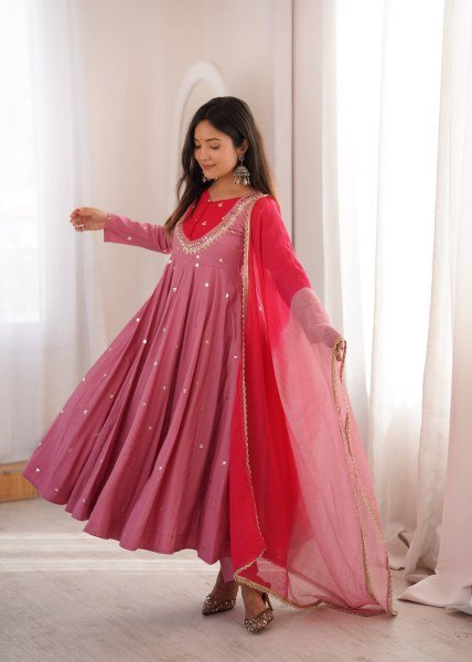 Rich Pink Roman Silk Anarkali Suit with Real Mirror Work and Kota Checks Dupatta Ready To Wear Collection
