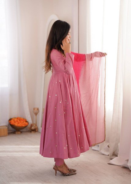 Rich Pink Roman Silk Anarkali Suit with Real Mirror Work and Kota Checks Dupatta Ready To Wear Collection