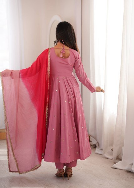 Rich Pink Roman Silk Anarkali Suit with Real Mirror Work and Kota Checks Dupatta Ready To Wear Collection