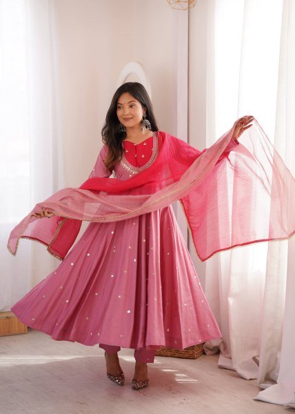 Rich Pink Roman Silk Anarkali Suit with Real Mirror Work and Kota Checks Dupatta Ready To Wear Collection