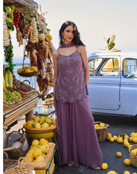 Rich Purple Designer Spaghetti Style Real Georgette Kurti Sharara Set at Wholesale Designer Plazzo Salwar Suits Wholesale