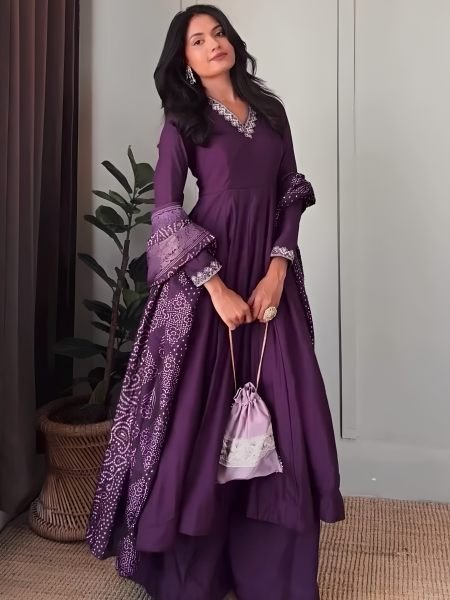 Rich Purple Jalpari Silk Anarkali Palazzo Set with Dori and Sequin Work at Manufacturer  Ready To Wear Suit