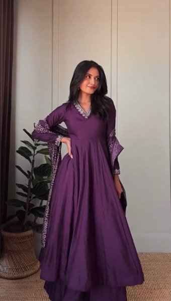 Rich Purple Jalpari Silk Anarkali Palazzo Set with Dori and Sequin Work at Manufacturer  Ready To Wear Collection