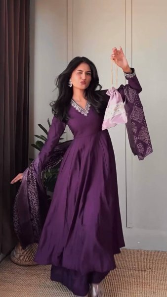 Rich Purple Jalpari Silk Anarkali Palazzo Set with Dori and Sequin Work at Manufacturer  Ready To Wear Collection