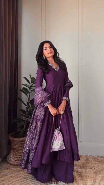 Rich Purple Jalpari Silk Anarkali Palazzo Set with Dori and Sequin Work at Manufacturer  Ready To Wear Collection