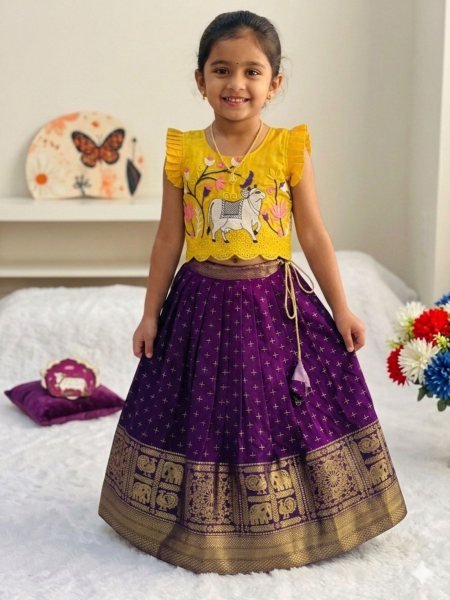 Rich Purple Kids Lehenga with Pichwai Work Blouse for Wedding Functions Kurtis