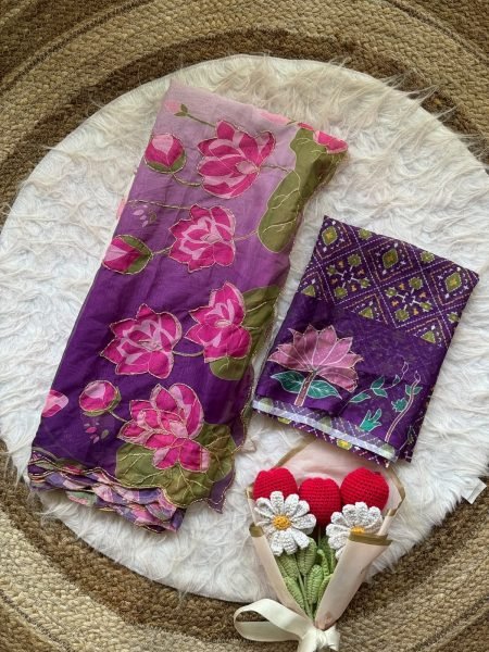 Rich Purple Lotus Design Organza Tabby Silk Digital Printed Saree for Festival Silk Sarees Wholesale