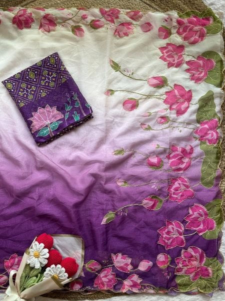 Rich Purple Lotus Design Organza Tabby Silk Digital Printed Saree for Festival Silk Sarees Wholesale