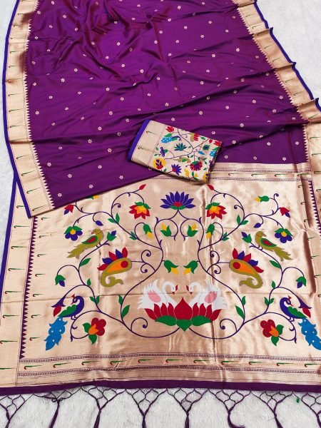 Rich Purple Pethani Silk Saree with Golden Zari and Meenakari Weaving For Wedding Silk Sarees Wholesale