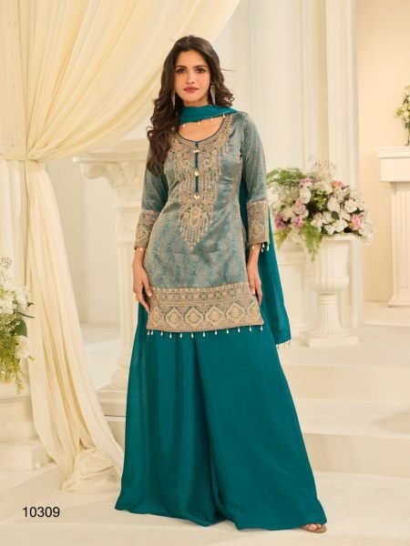 Rich Rama Jacquard Silk Embroidered Kurti Pant Dupatta Set with Chinon Bottom for Festival Salwar Kameez
