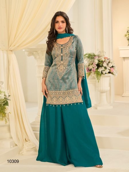 Rich Rama Jacquard Silk Embroidered Kurti Pant Dupatta Set with Chinon Bottom for Festival Designer Plazzo Salwar Suits Wholesale