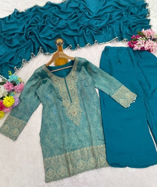 Rich Rama Jacquard Silk Embroidered Kurti Pant Dupatta Set with Chinon Bottom for Festival Designer Plazzo Salwar Suits Wholesale