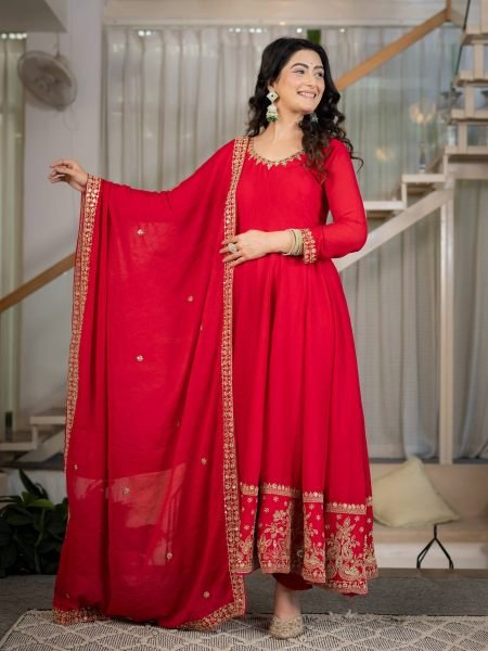 Rich Red Fully Stitched Rangoli Crush Anarkali Suit with Micro Cotton Pant Ready To Wear Suit