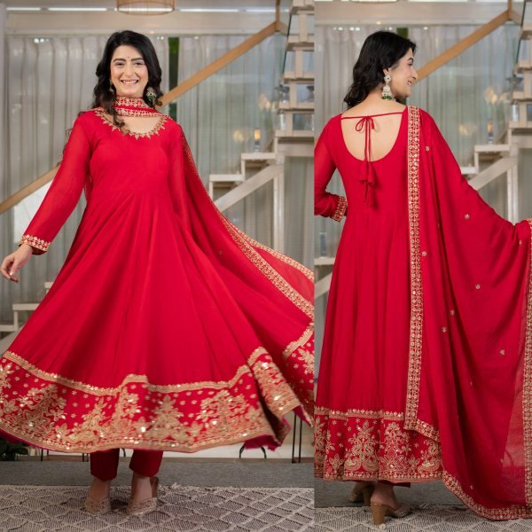 Rich Red Fully Stitched Rangoli Crush Anarkali Suit with Micro Cotton Pant Ready To Wear Collection