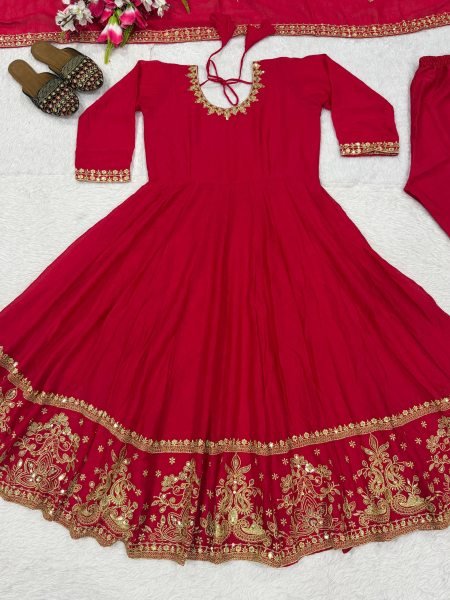 Rich Red Fully Stitched Rangoli Crush Anarkali Suit with Micro Cotton Pant Ready To Wear Collection