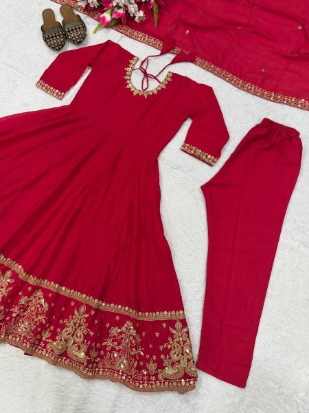 Rich Red Fully Stitched Rangoli Crush Anarkali Suit with Micro Cotton Pant Ready To Wear Collection