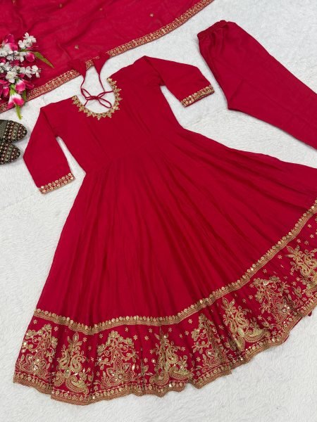Rich Red Fully Stitched Rangoli Crush Anarkali Suit with Micro Cotton Pant Ready To Wear Collection