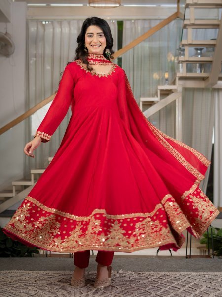Rich Red Fully Stitched Rangoli Crush Anarkali Suit with Micro Cotton Pant Ready To Wear Collection