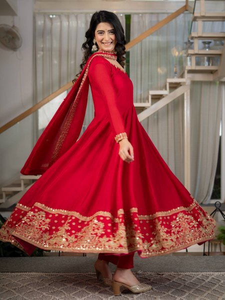 Rich Red Fully Stitched Rangoli Crush Anarkali Suit with Micro Cotton Pant Ready To Wear Collection