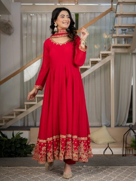 Rich Red Fully Stitched Rangoli Crush Anarkali Suit with Micro Cotton Pant Ready To Wear Collection