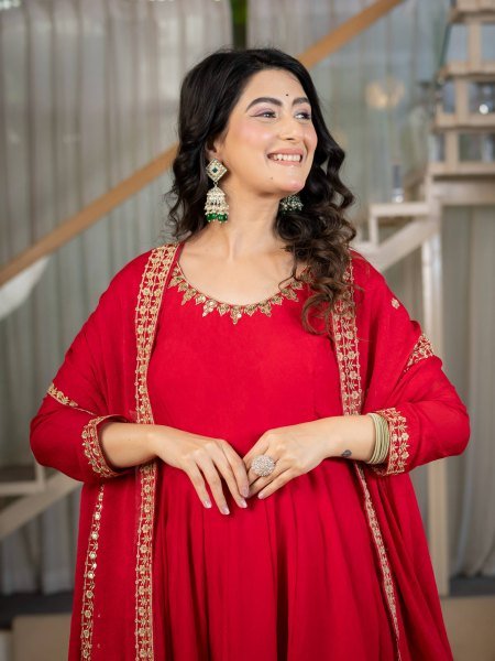 Rich Red Fully Stitched Rangoli Crush Anarkali Suit with Micro Cotton Pant Ready To Wear Collection