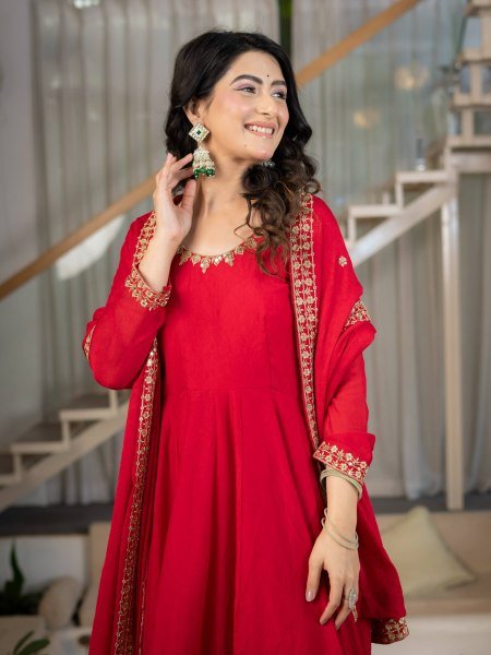 Rich Red Fully Stitched Rangoli Crush Anarkali Suit with Micro Cotton Pant Ready To Wear Collection