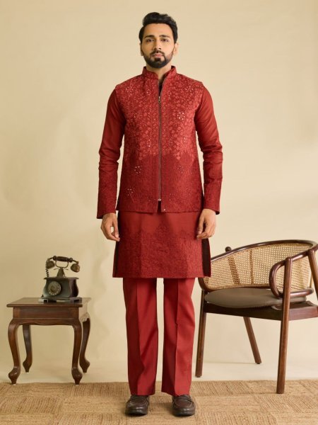 Rich Red Men's Art Silk Kurta Koti Bottom Set with Heavy Mirror Work At Wholesale  Mens Wear