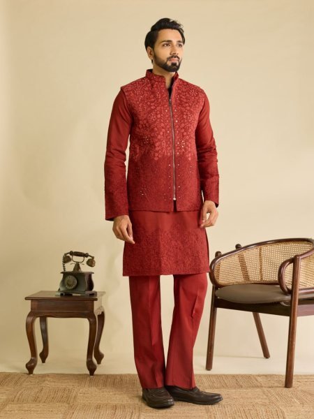 Rich Red Men's Art Silk Kurta Koti Bottom Set with Heavy Mirror Work At Wholesale  Kurta Pajama Wholesale
