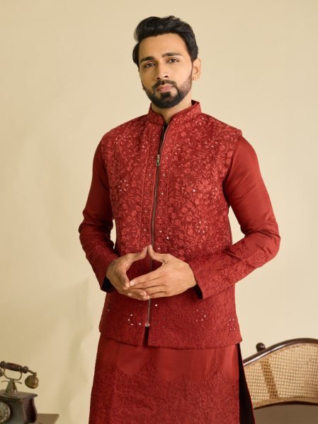 Rich Red Men's Art Silk Kurta Koti Bottom Set with Heavy Mirror Work At Wholesale  Kurta Pajama Wholesale