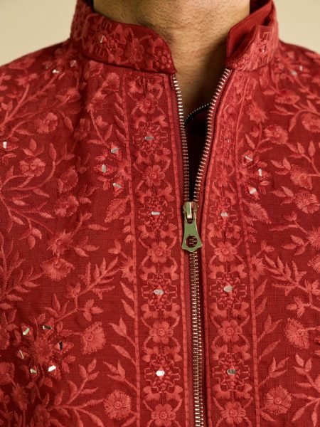 Rich Red Men's Art Silk Kurta Koti Bottom Set with Heavy Mirror Work At Wholesale  Kurta Pajama Wholesale