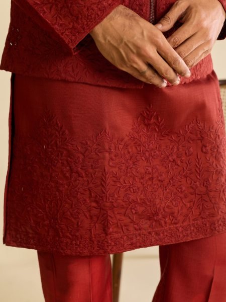 Rich Red Men's Art Silk Kurta Koti Bottom Set with Heavy Mirror Work At Wholesale  Kurta Pajama Wholesale