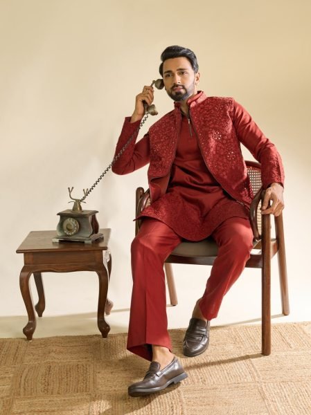 Rich Red Men's Art Silk Kurta Koti Bottom Set with Heavy Mirror Work At Wholesale  Kurta Pajama Wholesale