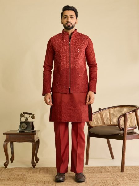 Rich Red Men's Art Silk Kurta Koti Bottom Set with Heavy Mirror Work At Wholesale  Kurta Pajama Wholesale