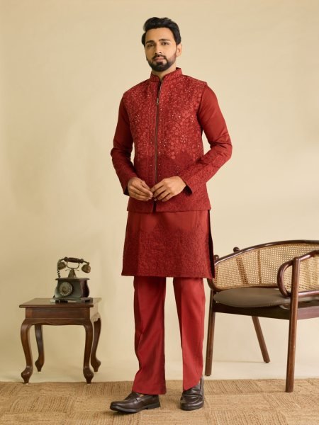 Rich Red Men's Art Silk Kurta Koti Bottom Set with Heavy Mirror Work At Wholesale  Kurta Pajama Wholesale