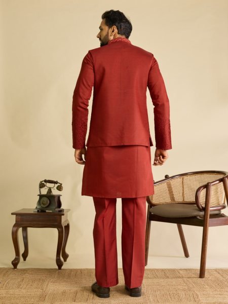 Rich Red Men's Art Silk Kurta Koti Bottom Set with Heavy Mirror Work At Wholesale  Kurta Pajama Wholesale